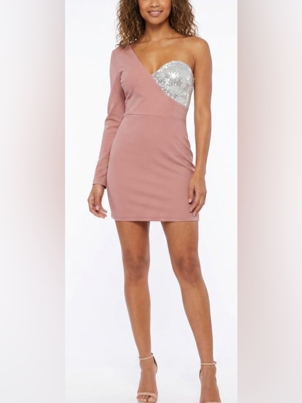 One-Shoulder Dusty Rose Mini Dress with Silver Sequin Bodice